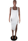 White Fashion Sexy Solid Asymmetrical Slip Asymmetrical Dresses