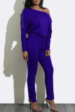 カラーブルーファッションカジュアルソリッドストラップデザイン斜め襟レギュラージャンプスーツ