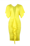 Gele mode casual effen vouw V-hals jurk met korte mouwen
