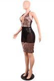 Black Fashion Sexy Patchwork Sequins See-through Backless Halter Sleeveless Dress