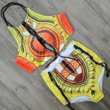 Yellow Fashion Sexy Print Backless Strap Design Swimwears