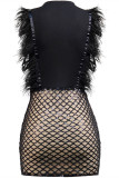 Черное модное сексуальное лоскутное платье с блестками и V-образным вырезом без рукавов