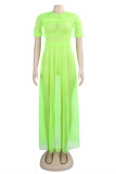 Флуоресцентное зеленое модное сексуальное прозрачное прозрачное платье с круглым вырезом и коротким рукавом