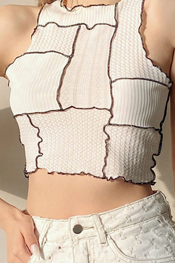 White Sexy Solid Patchwork O Neck Mid Waist Tops