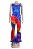 Blue Sexy Casual Print Tie-dye Backless Hooded Collar Regular Jumpsuits