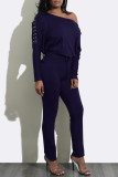 Färg Blå Mode Casual Solid Strap Design Snedkrage Vanliga Jumpsuits