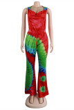 Red Sexy Casual Print Tie-dye Backless Hooded Collar Regular Jumpsuits