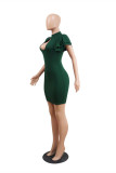 グリーンファッションセクシーなソリッドくり抜かれたタートルネック半袖ドレス