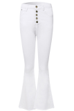 Pantaloni patchwork per altoparlanti a vita alta con taglio a stivaletto con fibbia in tinta unita bianca
