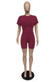 Burgundy Simplicity Solid Patchwork O Neck Short Sleeve Two Pieces