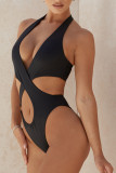 Black Sexy Solid Backless Swimwears