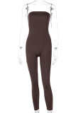 Coffee Casual Solid Solid Color Strapless Skinny Jumpsuits