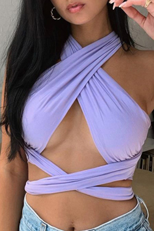 Púrpura sexy sólido vendaje espalda descubierta media cintura tops