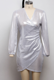Zilveren sexy patchwork v-hals onregelmatige jurkjurken