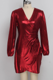 Vestidos de vestir irregulares con cuello en V y patchwork sexy rojo vino