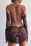 Estampado de leopardo Estampado de calle Estampado de leopardo sin espalda Halter Falda lápiz Vestidos