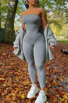 Grey Casual Solid Solid Color Strapless Skinny Jumpsuits