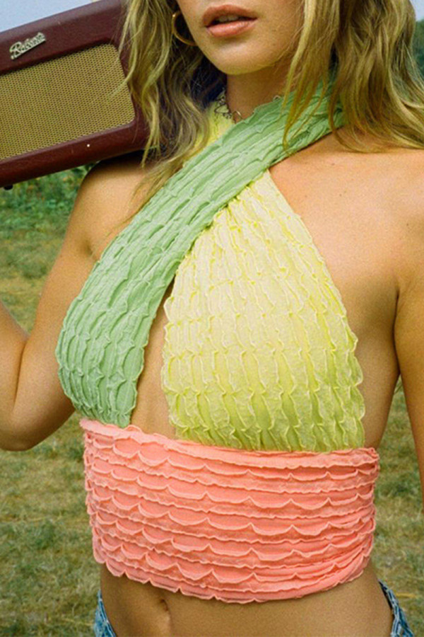 Farbe Sexy Patchwork ausgehöhlt rückenfreie Kontrast Neckholder Tops