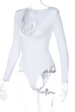 White Sexy Solid V Neck Regular Bodysuits