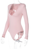 Roze sexy effen normale bodysuits met V-hals