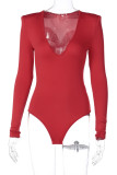 Red Sexy Solid V Neck Regular Bodysuits