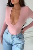 Pink Sexy Solid V Neck Regular Bodysuits