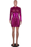 rose rouge Fashion Sexy Ripped évidé See-through Half A Turtleneck Mini Dress Robes