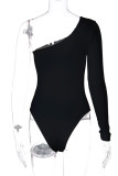 Black Sexy Solid Hollowed Out One Shoulder Skinny Bodysuits
