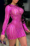 розово-красное модное сексуальное рваное выдолбленное прозрачное полупрозрачное мини-платье с высоким воротником