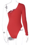 Red Sexy Solid Hollowed Out One Shoulder Skinny Bodysuits