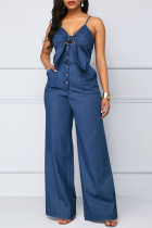 Dark Blue Casual Solid Split Joint Buckle Spaghetti Strap Loose Jumpsuits
