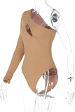 Brownness Sexy Solid Hollowed Out One Shoulder Skinny Bodysuits