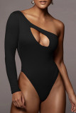 Brownness Sexy Solid Hollowed Out One Shoulder Skinny Bodysuits
