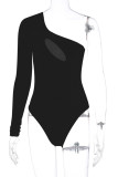 Black Sexy Solid Hollowed Out One Shoulder Skinny Bodysuits