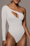 White Sexy Solid Hollowed Out One Shoulder Skinny Bodysuits