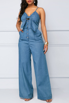 Baby Blue Casual Solid Split Joint Buckle Spaghetti Strap Loose Jumpsuits