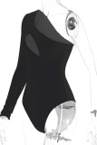 Zwarte sexy effen uitgeholde skinny bodysuits met één schouder