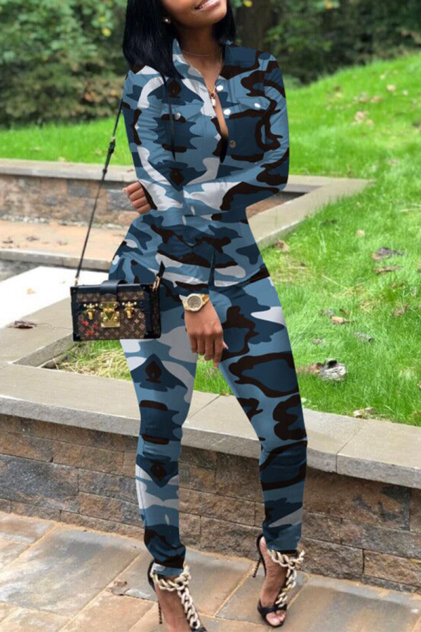 Blå vuxen Street Fashion Camouflage Print Tvådelade kostymer Patchwork penna Långärmad Två-pi