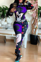 Фиолетовый взрослый Повседневная мода с буквенным принтом Slim fit лоскутное характер костюм из двух предметов карандаш длинный