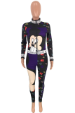 purple adult Casual Fashion Letter Print Slim fit Patchwork Character Two Piece Suits pencil Long