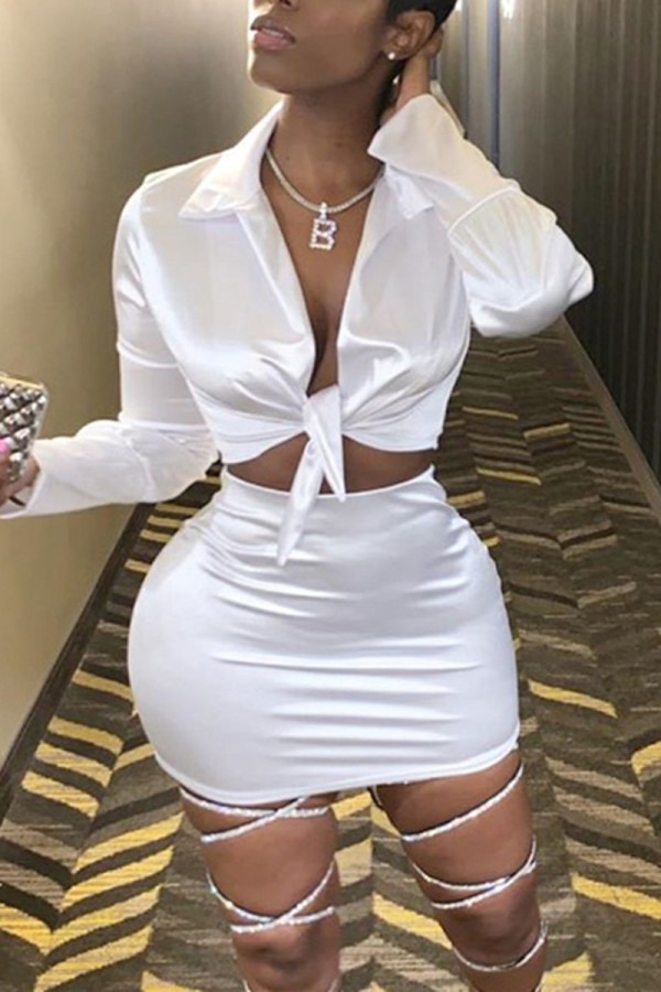Conjunto de falda corta de manga larga sexy blanca