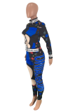 ブルーアダルトカジュアルファッションレタープリントスリムフィットパッチワークキャラクターツーピーススーツペンシルロング