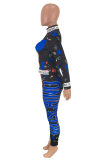 Синий взрослый повседневный модный буквенный принт Slim fit лоскутный характер двухкомпонентный костюм карандаш длинный