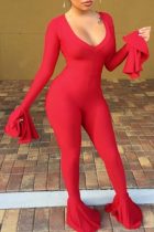 Rojo Moda Casual Con Volantes Drapeado Sólido Manga Larga Cuello En V