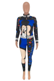 Blue adult Casual Fashion Letter Print Slim fit Patchwork Character Two Piece Suits pencil Long