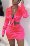 Roze sexy top met lange mouwen en korte rokset