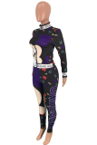 purple adult Casual Fashion Letter Print Slim fit Patchwork Character Two Piece Suits pencil Long