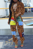 Luipaardprint Sexy patchwork jumpsuits met kleurvlakken en O-hals