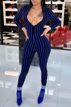 Blue Sexy Striped zipper Long Sleeve V Neck 