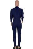 Blue Sexy Striped zipper Long Sleeve V Neck 